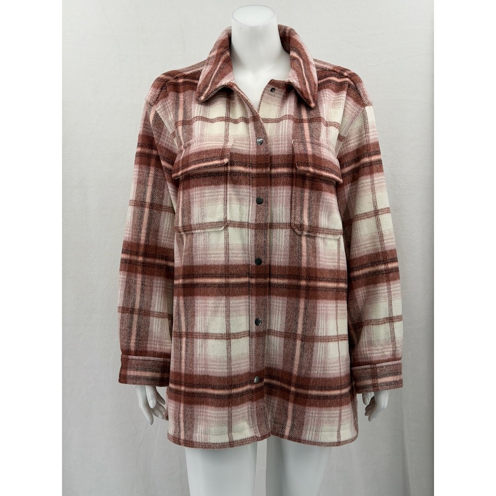Old Navy Jacket Womens Large Pink Brown Plaid Button Up Shacket Flannel Country